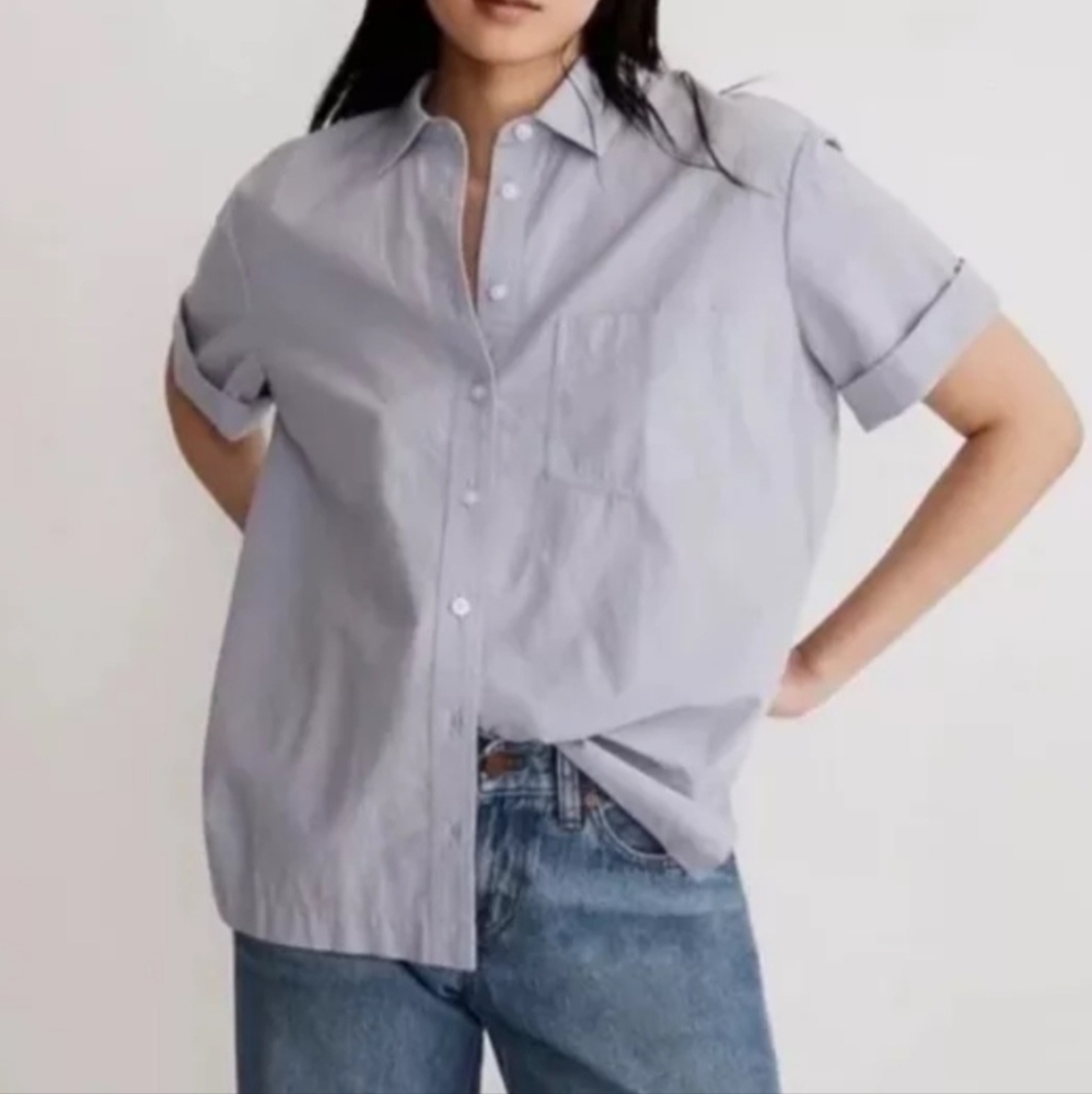 NWT Madewell Signature Poplin Short Sleeve Shirt in Blue